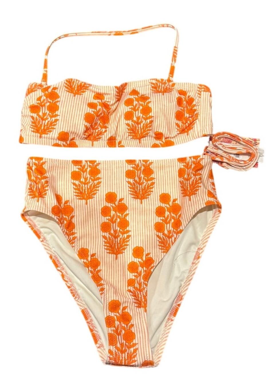 J.Crew x SZ Blockprints Hallie Bandeau Bikini Orange Floral Block Print NWT XS - Picture 1 of 6